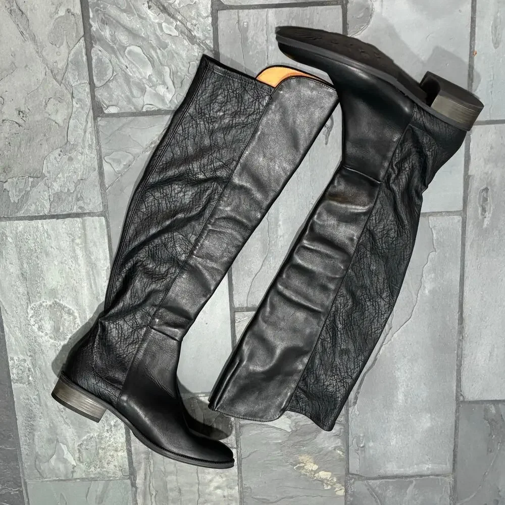 Sundance Sandrine Black Leather Pull-On Over the Knee Boots - size 38